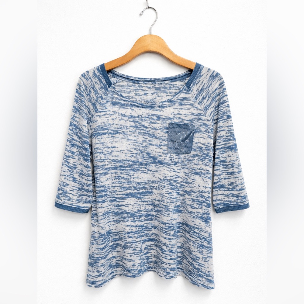 Lane Bryant Blue and White Asymetrical Sequin Trim 3/4 Sleeve Round Neck Pocket